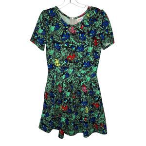 Lularoe Amelia Dress Bright Green Floral Print Fit Flare Dress Size Medium